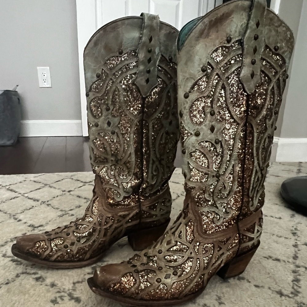 Corral Glitter Embellished Heeled Boots - Brown and Gold